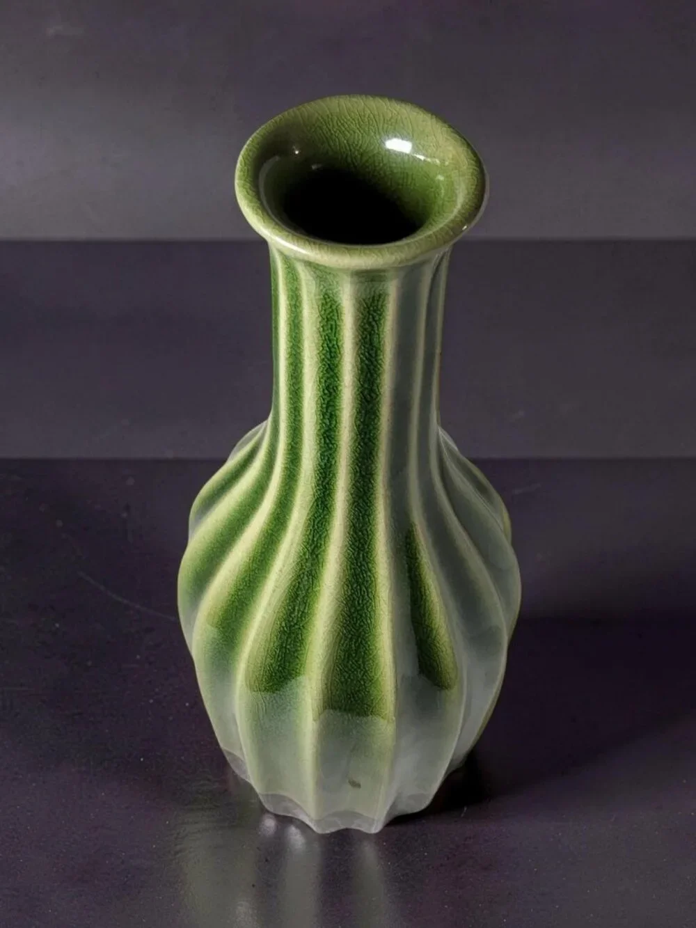 Vintage Dk.Green,Black Heavy Ceramic Ribbed Flanged Lip Vase